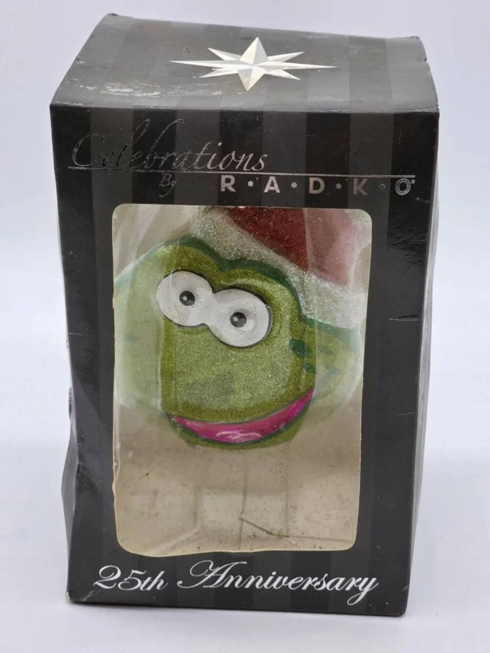 Radko Christmas Ornament Green Glitter Frog Head 25th Anniversary Glass Holiday